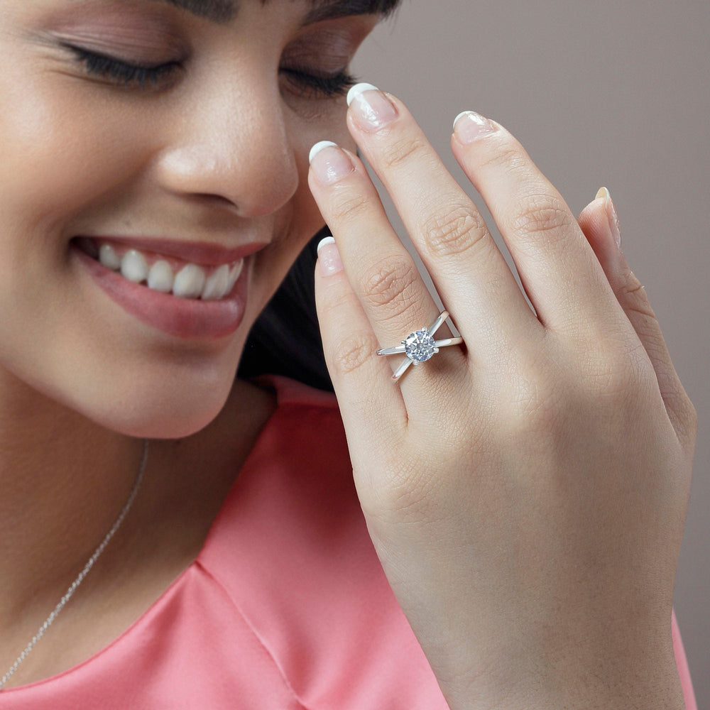 Model Wearing Crisscross Diamond Engagement Ring view