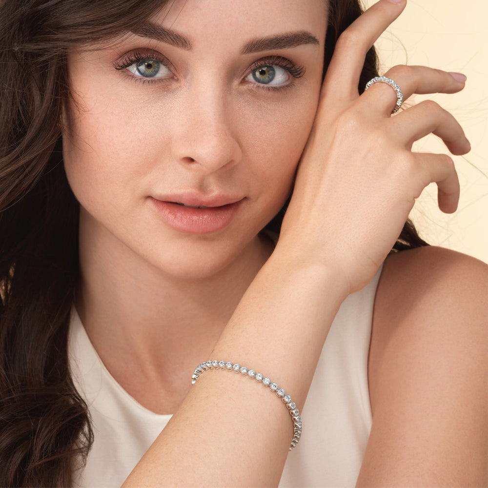 Model Wearing Round Lab Diamond Milgrain Tennis Bracelet view
