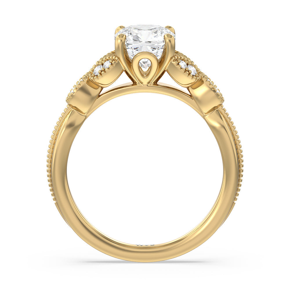 Cushion Cut Vintage Filigree Leaf Engagement Ring with Lab Grown Diamond in 14KT Yellow Gold view 2