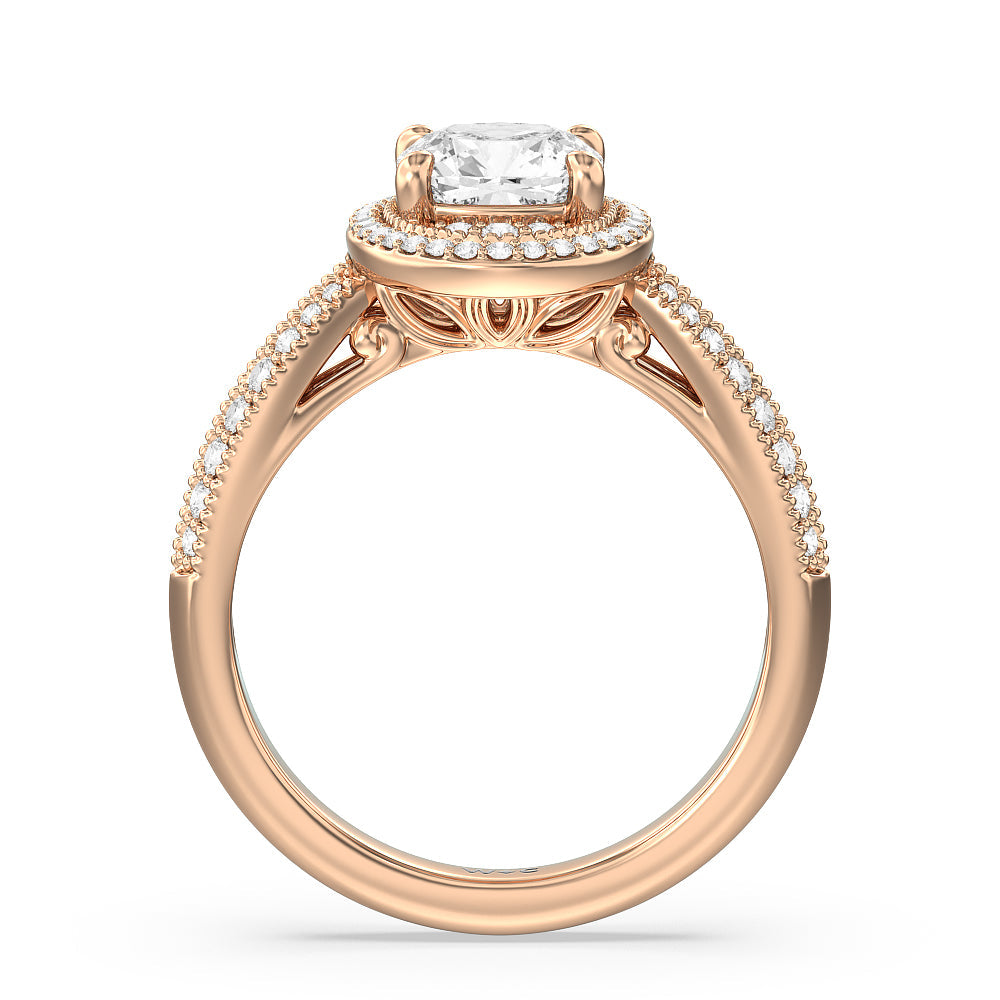Vintage Oval Halo Engagement Ring with Cushion Cut Diamond in 14KT Rose Gold view 2