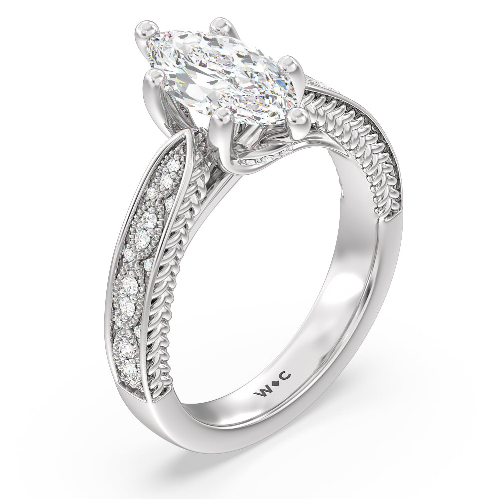 Vintage Hidden Halo Chevron Engagement Ring with Marquise Cut Diamond in 14KT Platinum view 3