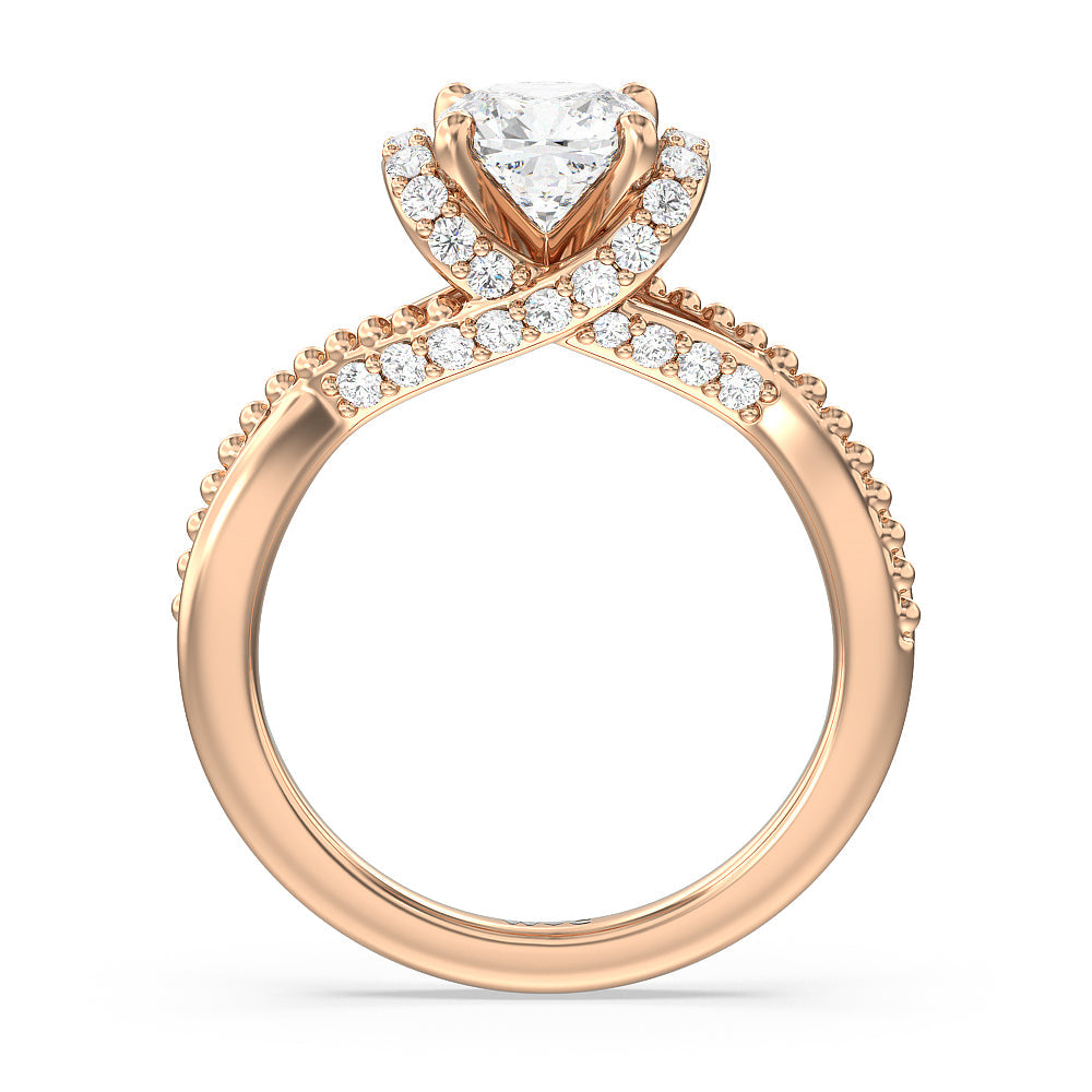 Vintage Glamour Ribbon Diamond Engagement Ring with Cushion Cut Diamond in 14KT Rose Gold view 2