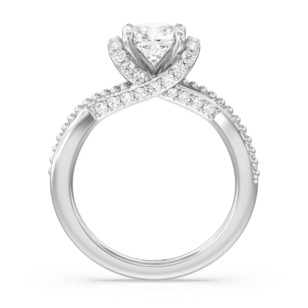 Vintage Glamour Ribbon Diamond Engagement Ring with Cushion Cut Diamond in 14KT Platinum view 2