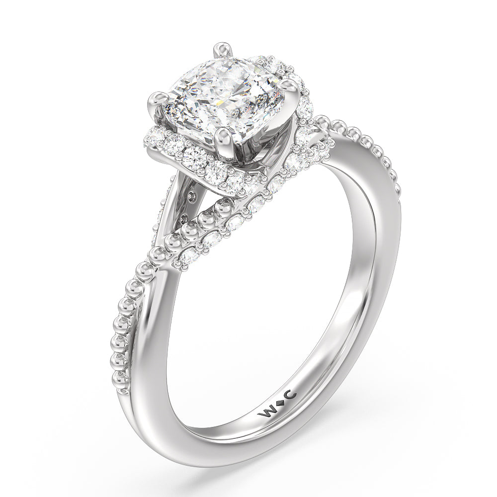 Vintage Glamour Ribbon Diamond Engagement Ring with Cushion Cut Diamond in 14KT Platinum view 3