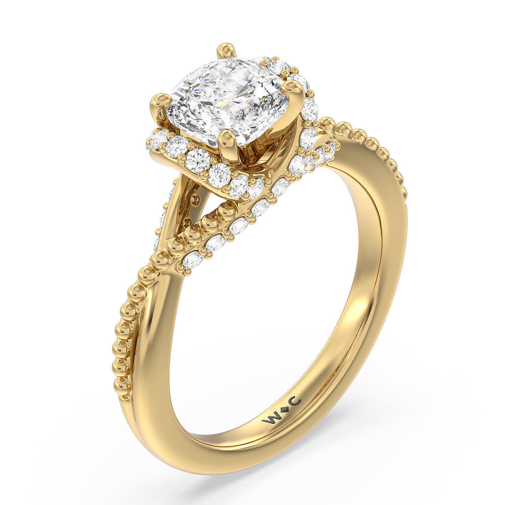 Vintage Glamour Ribbon Diamond Engagement Ring with Cushion Cut Diamond in 14KT Yellow Gold view 3