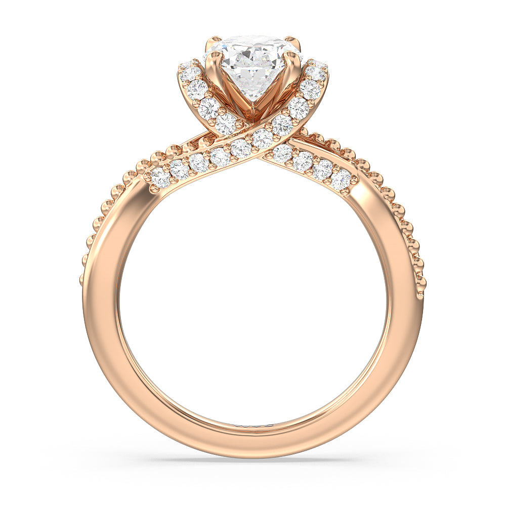 Vintage Glamour Ribbon Diamond Engagement Ring with Oval Cut Diamond in 14KT Rose Gold view 2