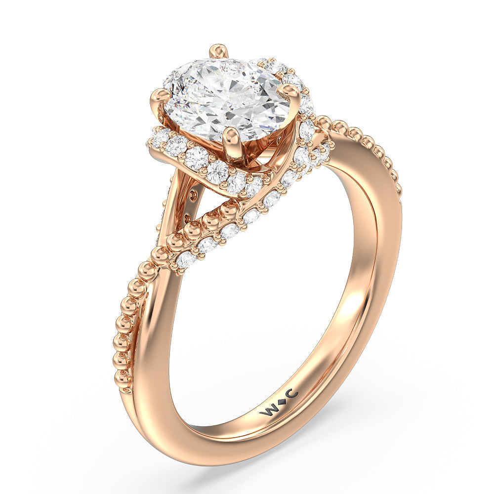 Vintage Glamour Ribbon Diamond Engagement Ring with Oval Cut Diamond in 14KT Rose Gold view 3