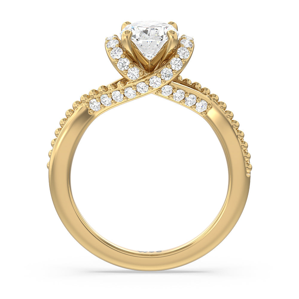 Vintage Glamour Ribbon Diamond Engagement Ring with Oval Cut Diamond in 14KT Yellow Gold view 2