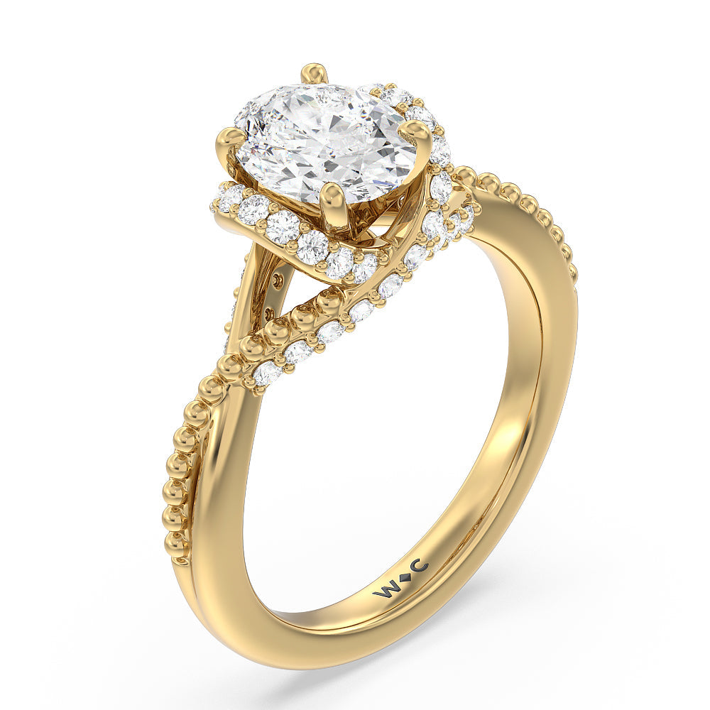 Vintage Glamour Ribbon Diamond Engagement Ring with Oval Cut Diamond in 14KT Yellow Gold view 3