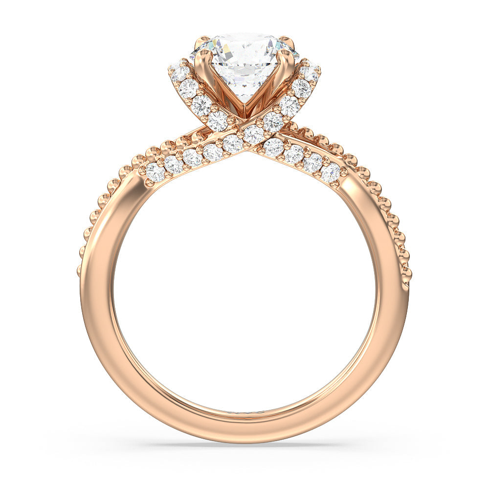 Vintage Glamour Ribbon Diamond Engagement Ring with Round Cut Diamond in 14KT Rose Gold view 2