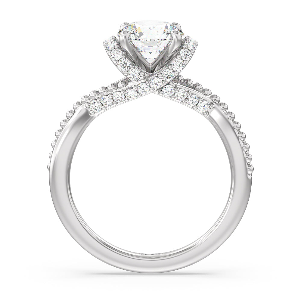 Vintage Glamour Ribbon Diamond Engagement Ring with Round Cut Diamond in 14KT Platinum view 2