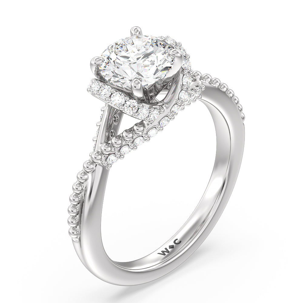 Vintage Glamour Ribbon Diamond Engagement Ring with Round Cut Diamond in 14KT Platinum view 3