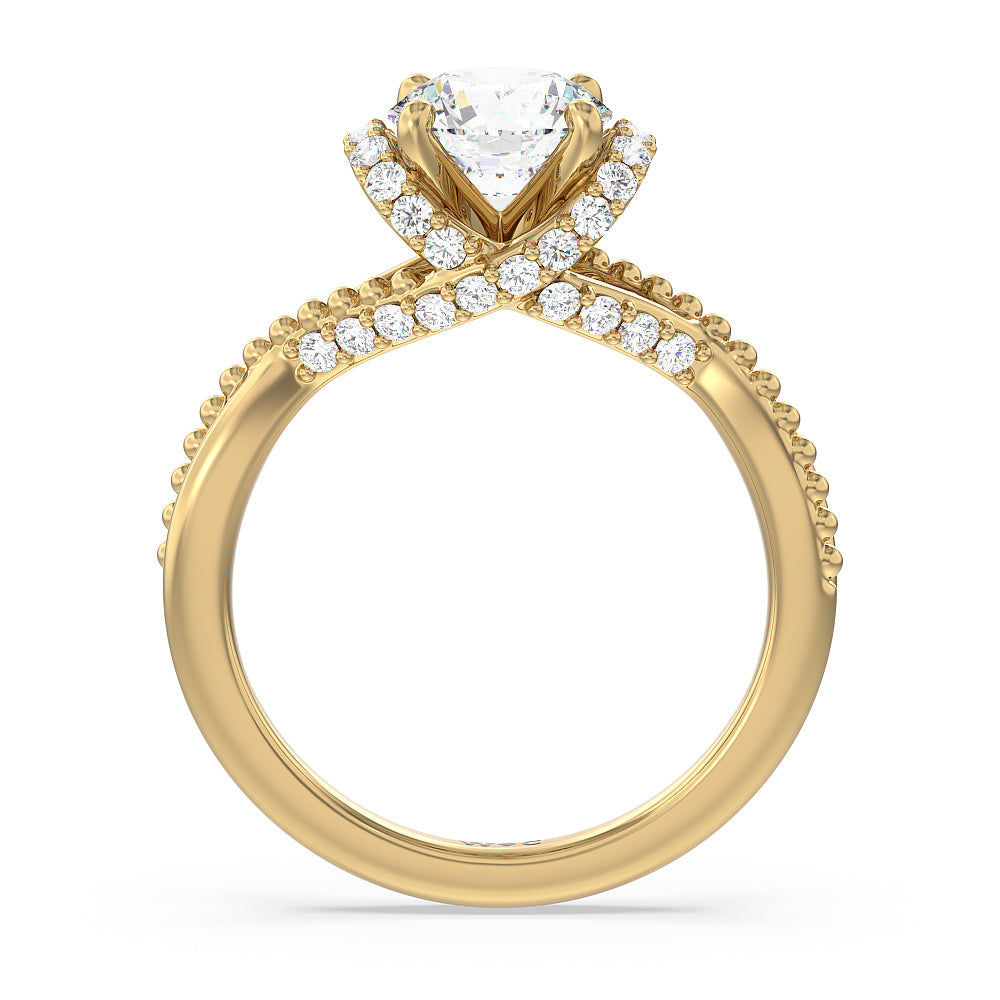 Vintage Glamour Ribbon Diamond Engagement Ring with Round Cut Diamond in 14KT Yellow Gold view 2