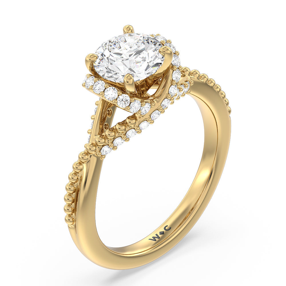 Vintage Glamour Ribbon Diamond Engagement Ring with Round Cut Diamond in 14KT Yellow Gold view 3