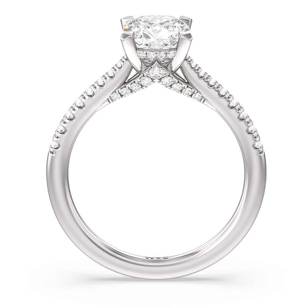Tapered Pave Diamond Hidden Halo Ring with Cushion Cut Diamond in 14KT Platinum view 2