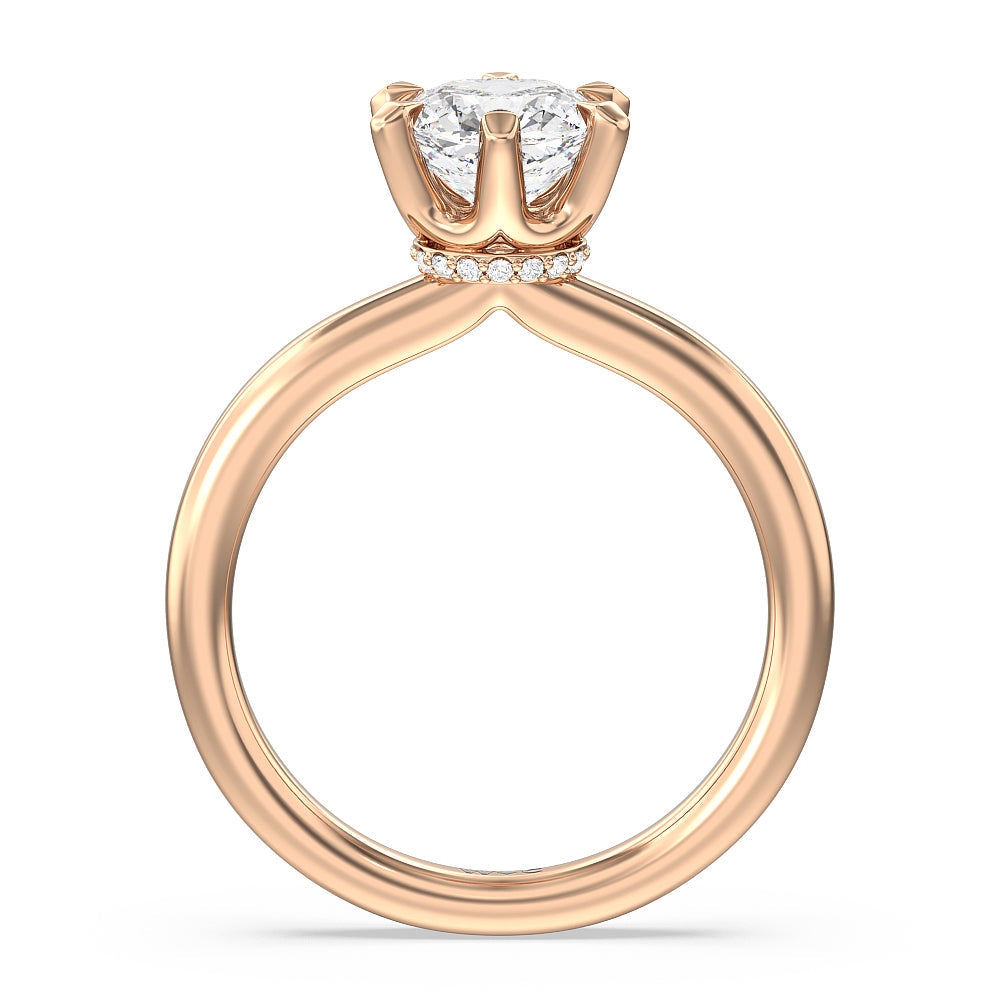 6 Claw Hidden Halo Engagement Ring with Cushion Cut Diamond in 14KT Rose Gold view 2