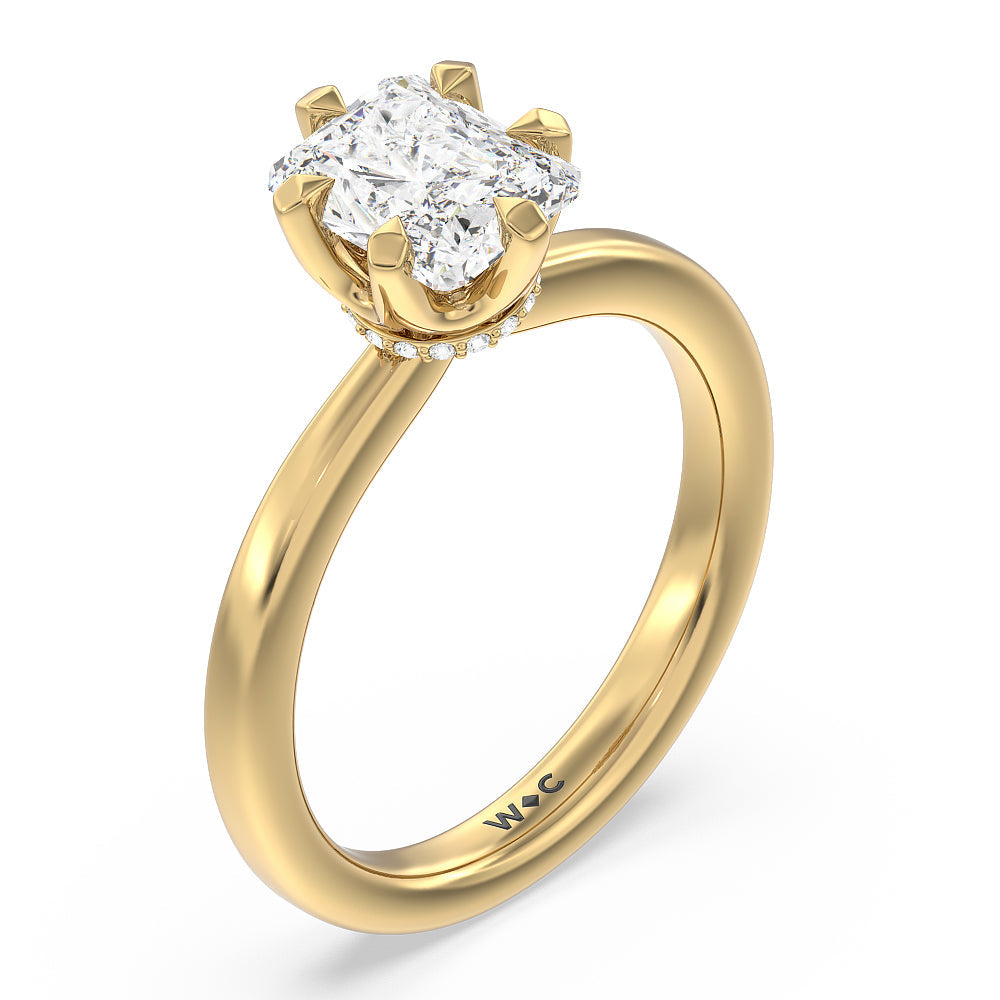 6 Claw Hidden Halo Engagement Ring with Radiant Cut Diamond in 14KT Yellow Gold view 3