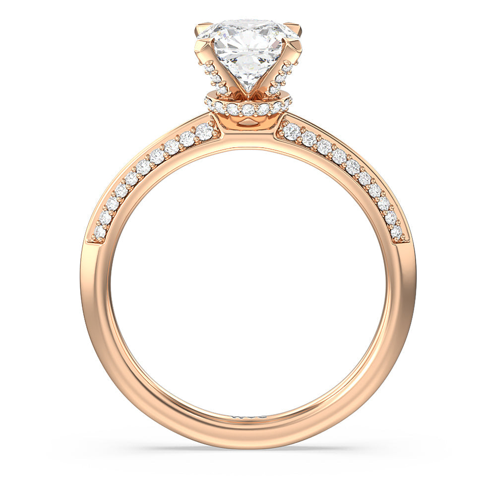 Pave Prong Hidden Halo Diamond Engagement Ring with Cushion Cut Diamond in 14KT Rose Gold view 2