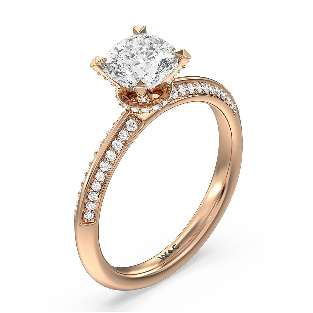 Pave Prong Hidden Halo Diamond Engagement Ring with Cushion Cut Diamond in 14KT Rose Gold view 3