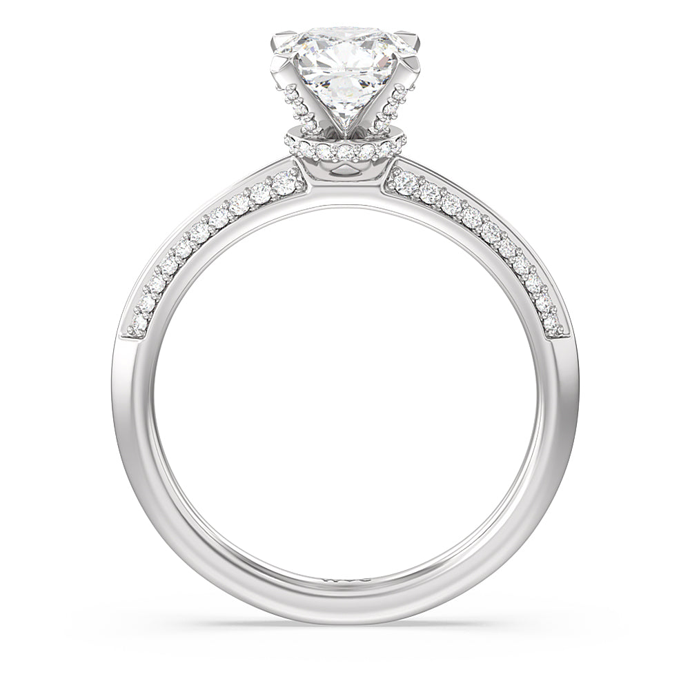 Pave Prong Hidden Halo Diamond Engagement Ring with Cushion Cut Diamond in 14KT Platinum view 2