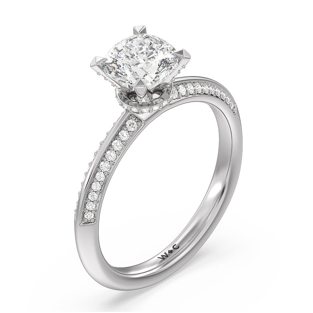 Pave Prong Hidden Halo Diamond Engagement Ring with Cushion Cut Diamond in 14KT Platinum view 3