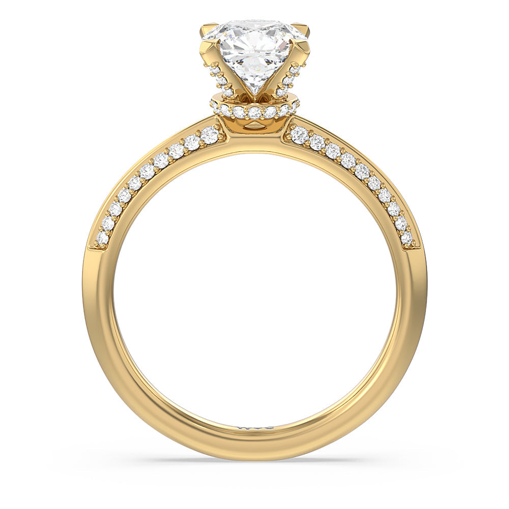Pave Prong Hidden Halo Diamond Engagement Ring with Cushion Cut Diamond in 14KT Yellow Gold view 2