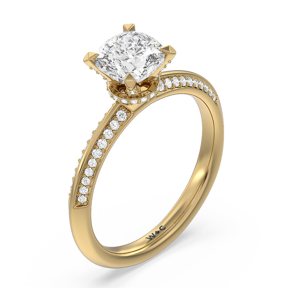 Pave Prong Hidden Halo Diamond Engagement Ring with Cushion Cut Diamond in 14KT Yellow Gold view 3