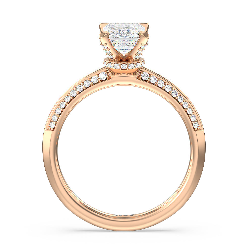 Pave Prong Hidden Halo Diamond Engagement Ring with Emerald Cut Diamond in 14KT Rose Gold view 2