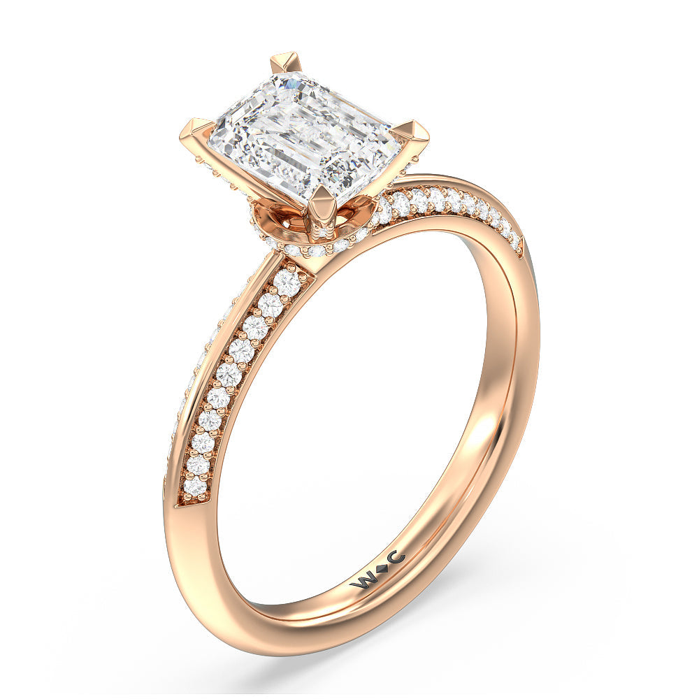 Pave Prong Hidden Halo Diamond Engagement Ring with Emerald Cut Diamond in 14KT Rose Gold view 3