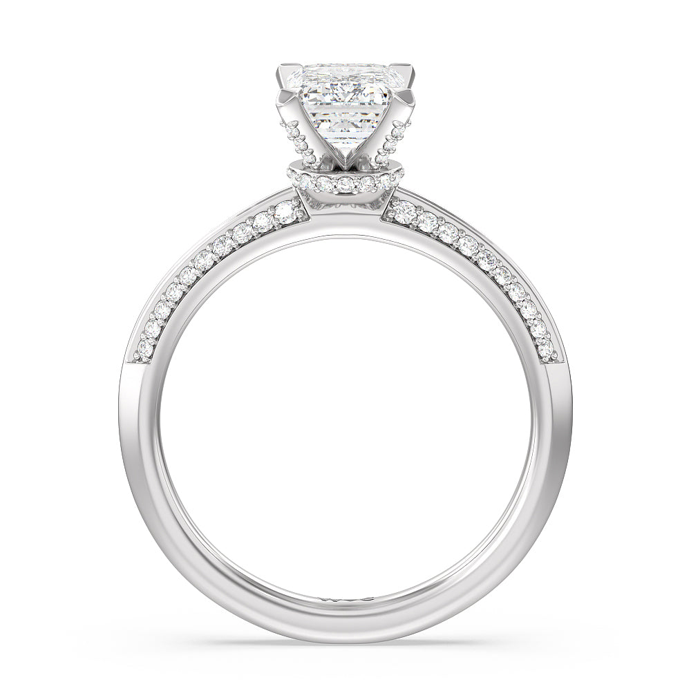 Pave Prong Hidden Halo Diamond Engagement Ring with Emerald Cut Diamond in 14KT Platinum view 2