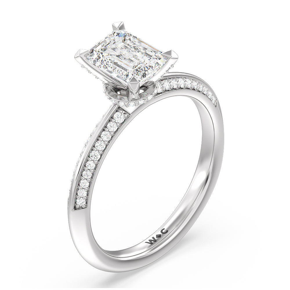 Pave Prong Hidden Halo Diamond Engagement Ring with Emerald Cut Diamond in 14KT Platinum view 3