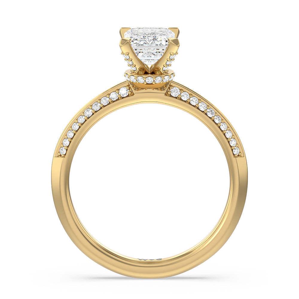 Pave Prong Hidden Halo Diamond Engagement Ring with Emerald Cut Diamond in 14KT Yellow Gold view 2