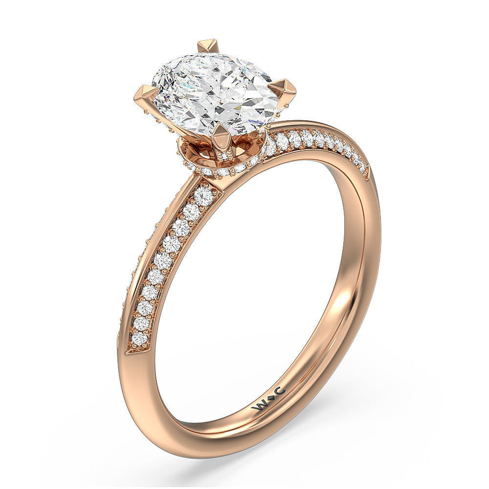 Pave Prong Hidden Halo Diamond Engagement Ring with Oval Cut Diamond in 14KT Rose Gold view 3