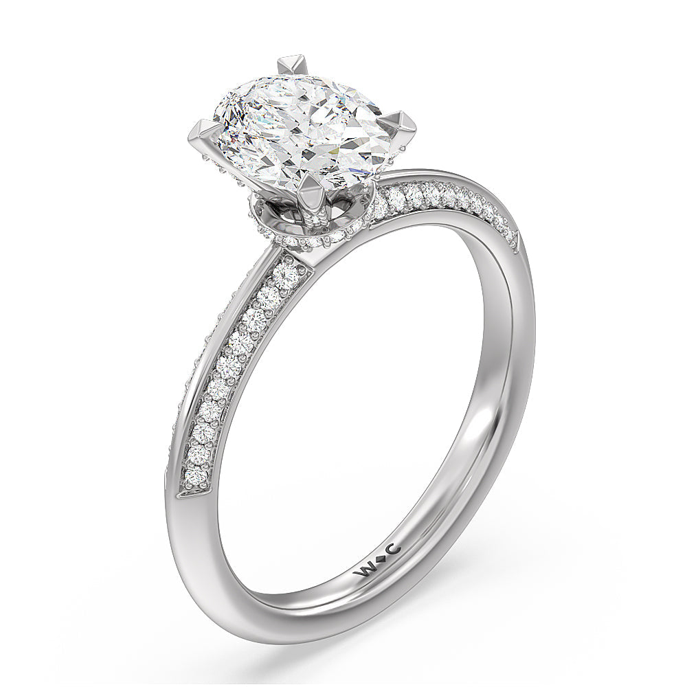 Pave Prong Hidden Halo Diamond Engagement Ring with Oval Cut Diamond in 14KT Platinum view 3