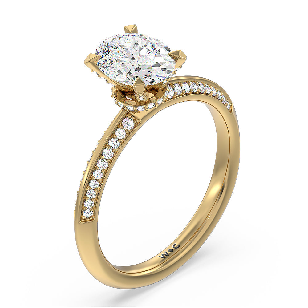Pave Prong Hidden Halo Diamond Engagement Ring with Oval Cut Diamond in 14KT Yellow Gold view 3