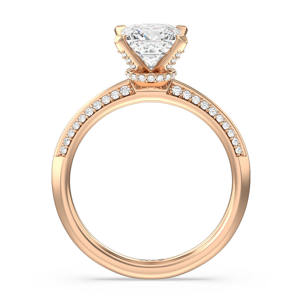 Pave Prong Hidden Halo Diamond Engagement Ring with Princess Cut Diamond in 14KT Rose Gold view 2