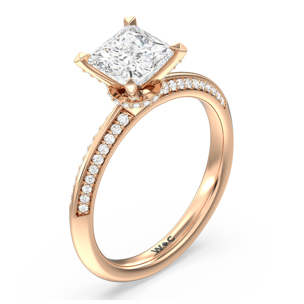 Pave Prong Hidden Halo Diamond Engagement Ring with Princess Cut Diamond in 14KT Rose Gold view 3