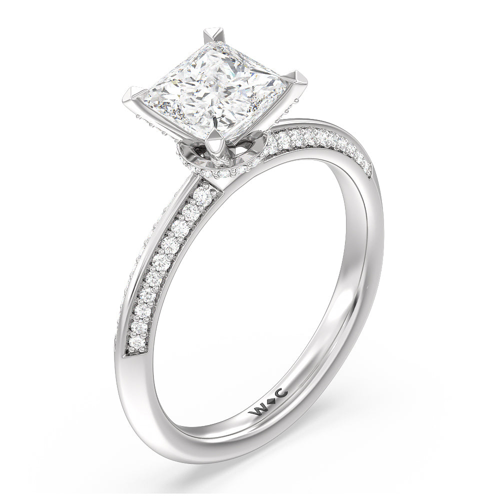 Pave Prong Hidden Halo Diamond Engagement Ring with Princess Cut Diamond in 14KT Platinum view 3