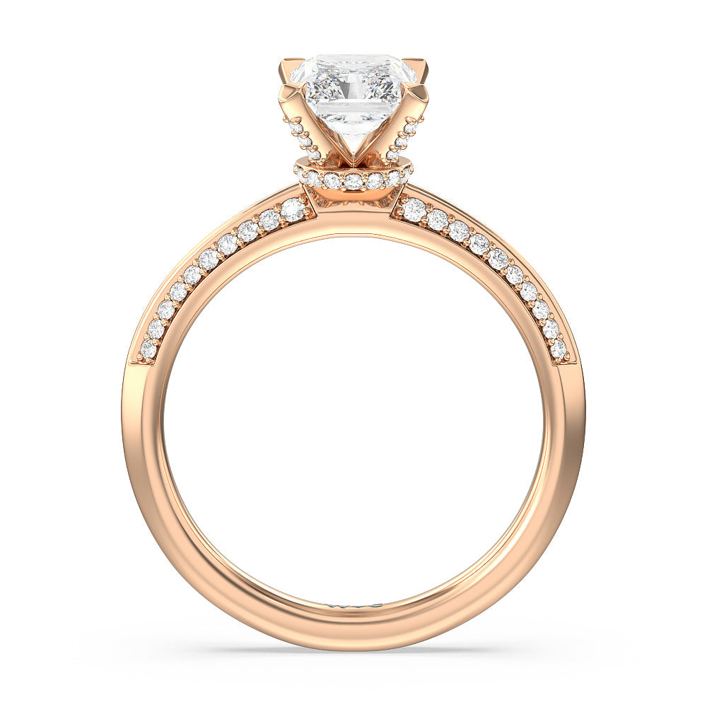 Pave Prong Hidden Halo Diamond Engagement Ring with Radiant Cut Diamond in 14KT Rose Gold view 2