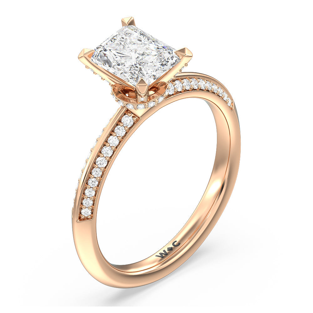 Pave Prong Hidden Halo Diamond Engagement Ring with Radiant Cut Diamond in 14KT Rose Gold view 3