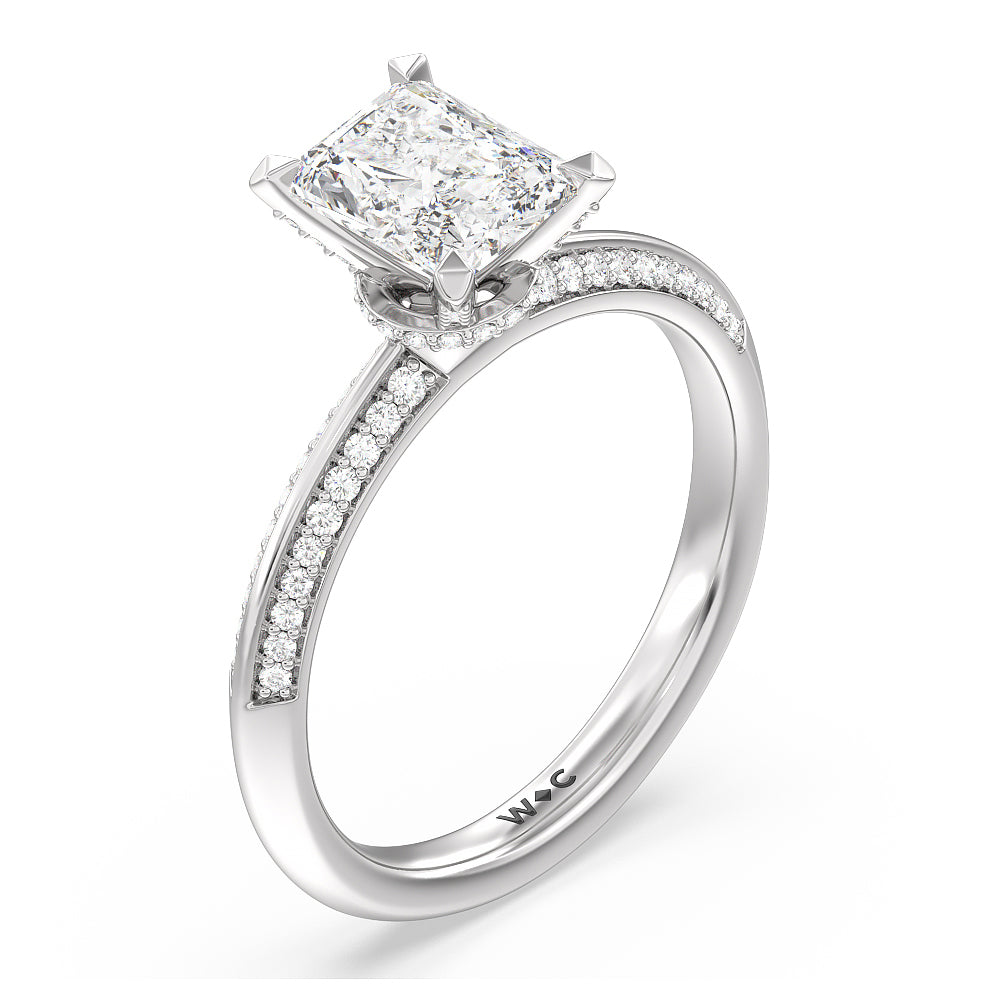 Pave Prong Hidden Halo Diamond Engagement Ring with Radiant Cut Diamond in 14KT Platinum view 3