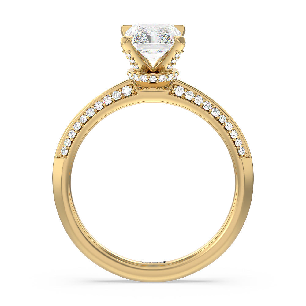 Pave Prong Hidden Halo Diamond Engagement Ring with Radiant Cut Diamond in 14KT Yellow Gold view 2