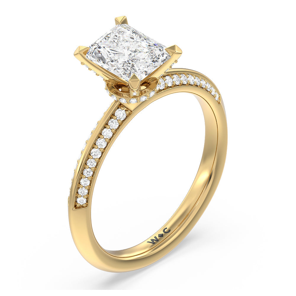 Pave Prong Hidden Halo Diamond Engagement Ring with Radiant Cut Diamond in 14KT Yellow Gold view 3