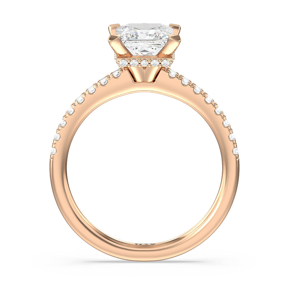 Petite Pave Hidden Halo Engagement Ring with Princess Cut Diamond in 14KT Rose Gold view 2