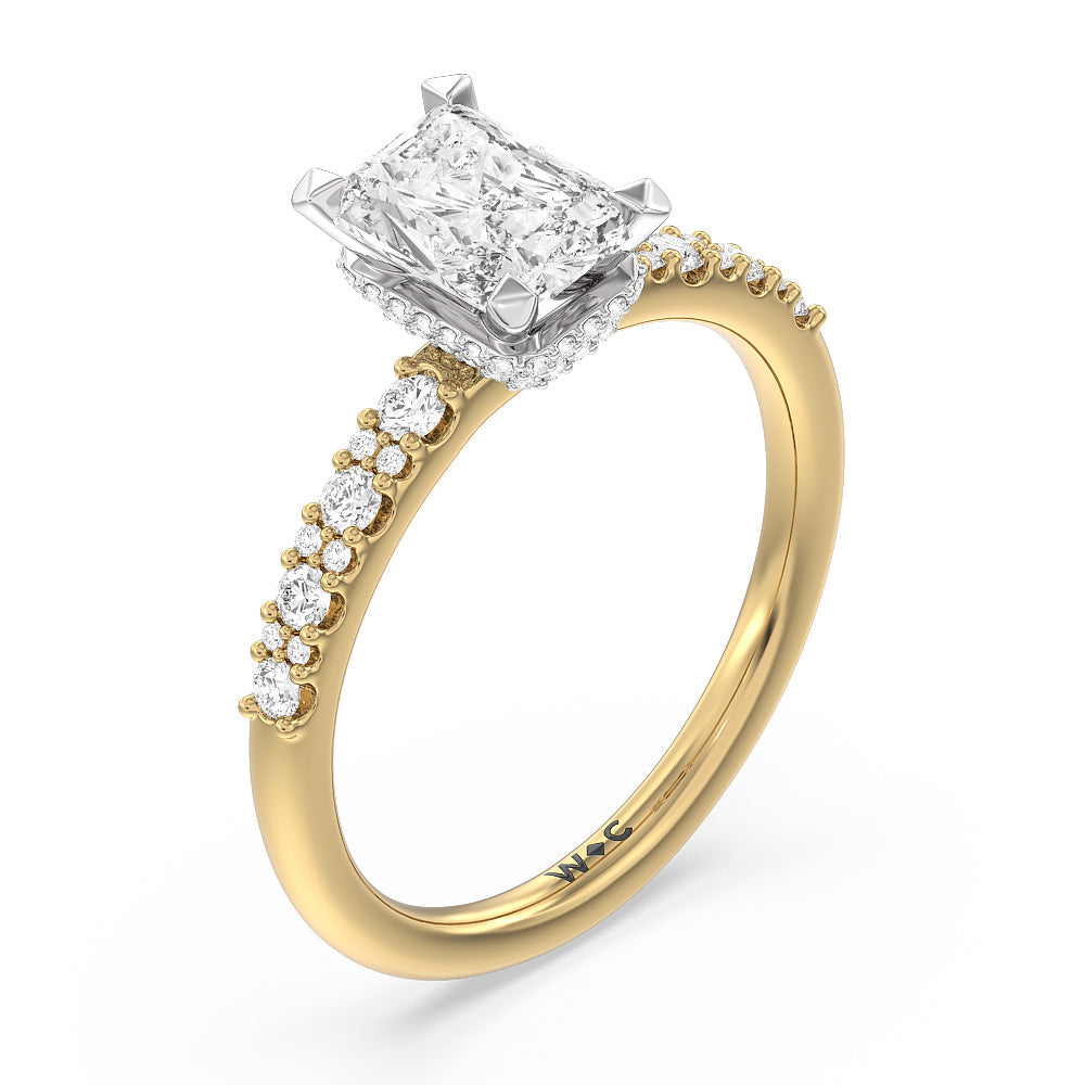 Modern Pave Diamond Hidden Halo Ring with Radiant Cut Diamond in 14KT White & Yellow Gold view 3