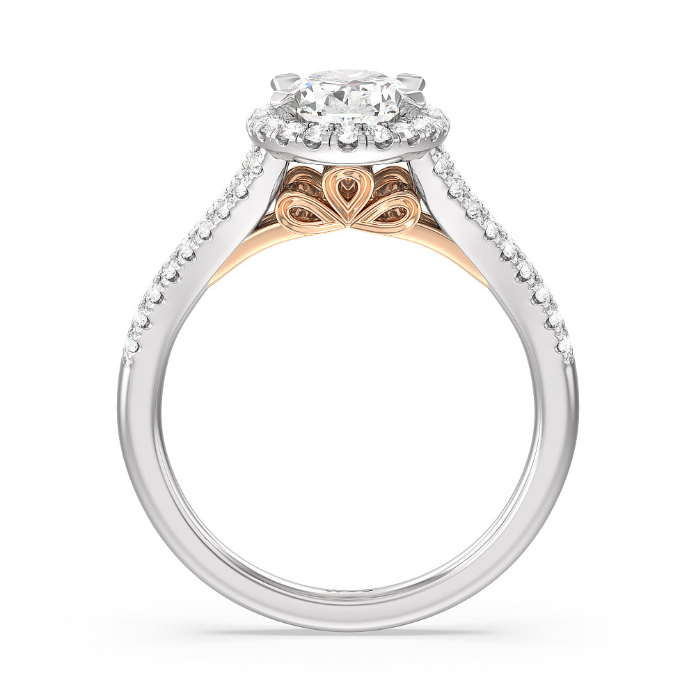 Split Shank Cathedral Halo Engagement Ring with Oval Cut Diamond in 14KT White & Rose Gold view 2