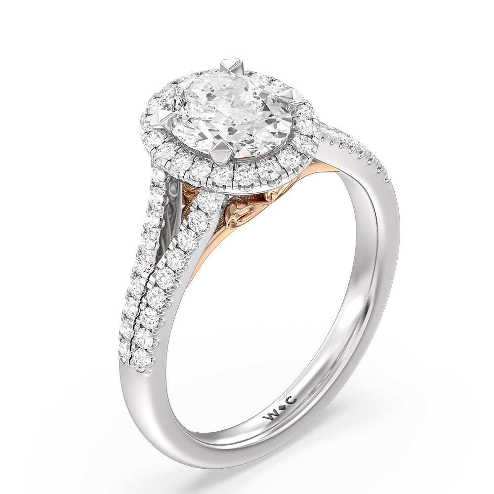 Split Shank Cathedral Halo Engagement Ring with Oval Cut Diamond in 14KT White & Rose Gold view 3