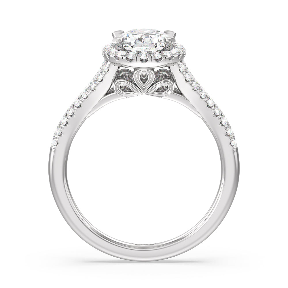Split Shank Cathedral Halo Engagement Ring with Oval Cut Diamond in 14KT Platinum view 2