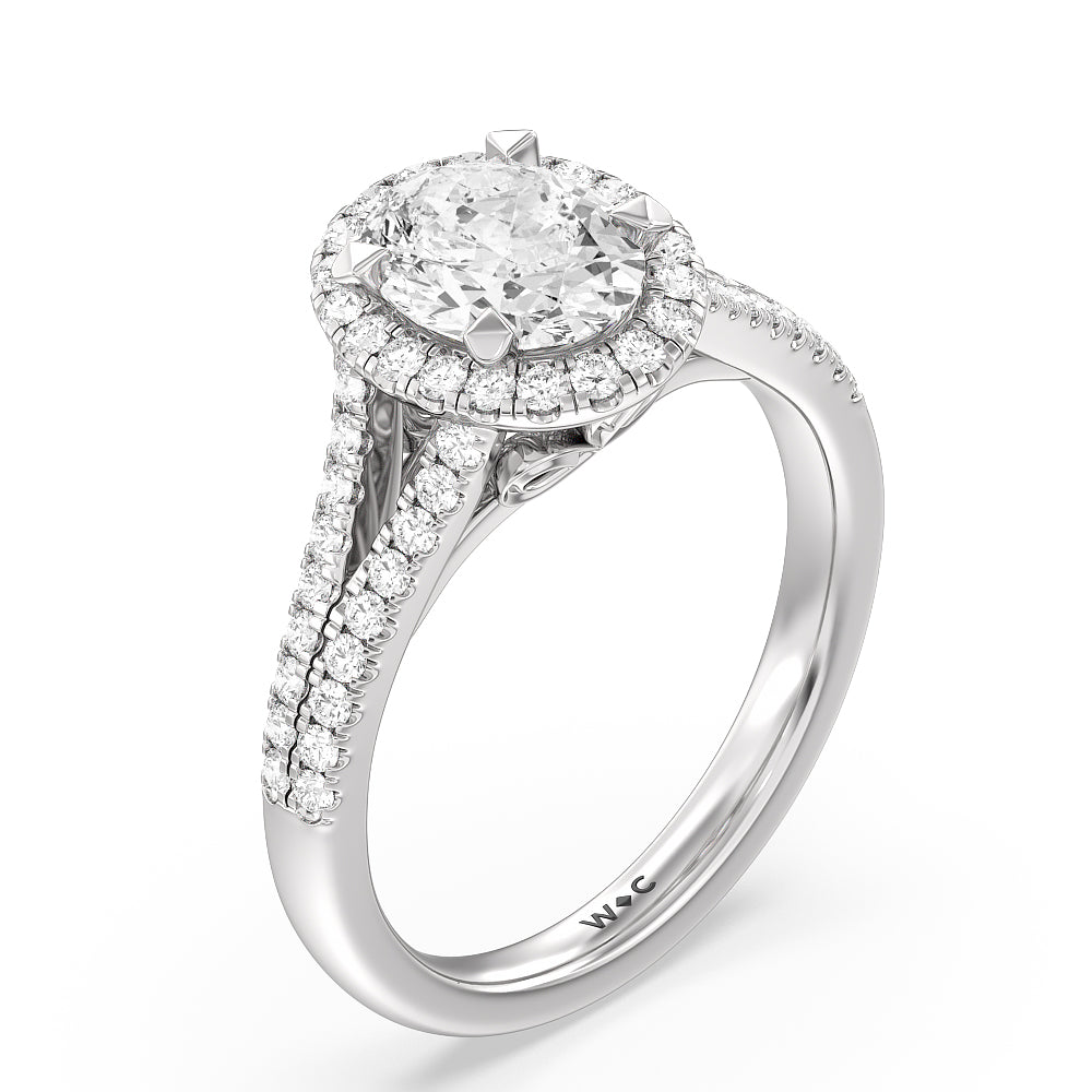 Split Shank Cathedral Halo Engagement Ring with Oval Cut Diamond in 14KT Platinum view 3