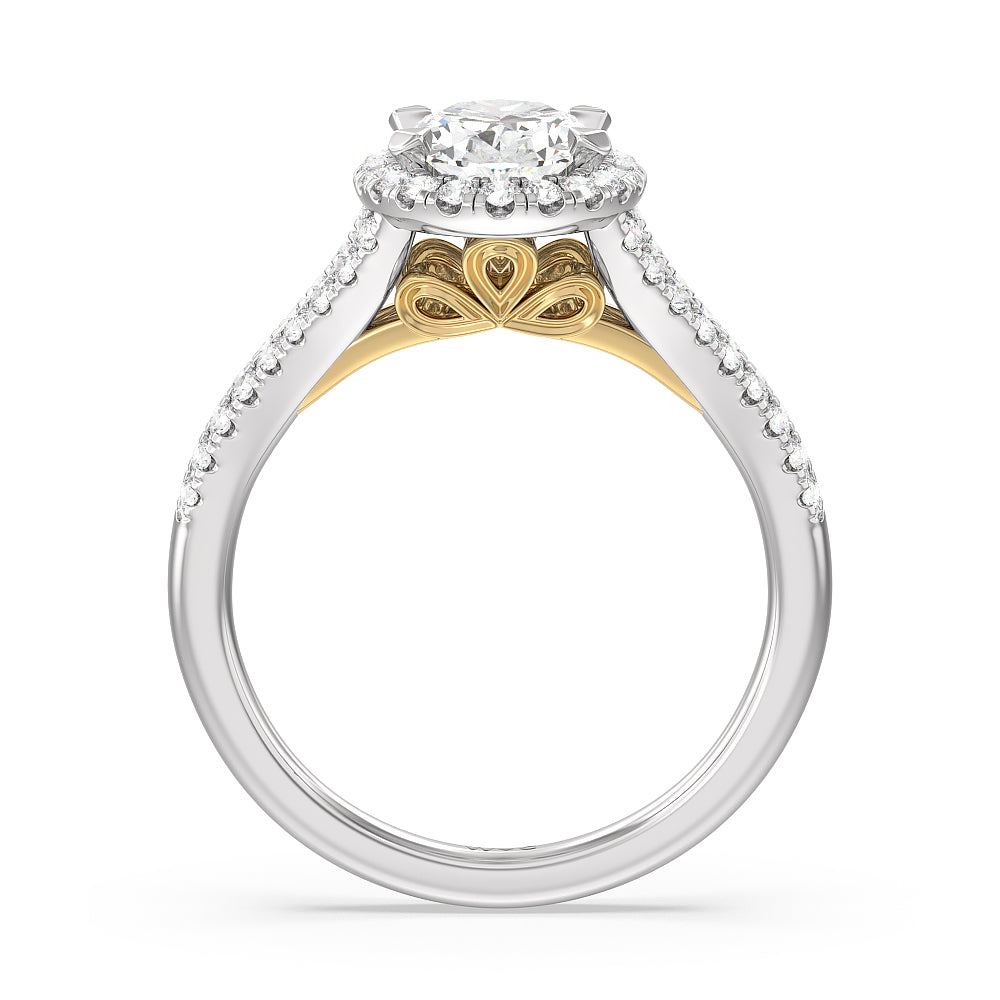 Split Shank Cathedral Halo Engagement Ring with Oval Cut Diamond in 14KT White & Yellow Gold view 2